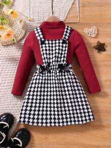 SHEIN Toddler Girls' High Neck Ribbed Knit T-Shirt And Houndstooth Overall Dress With Bowknot Decor Set - Red - View 1