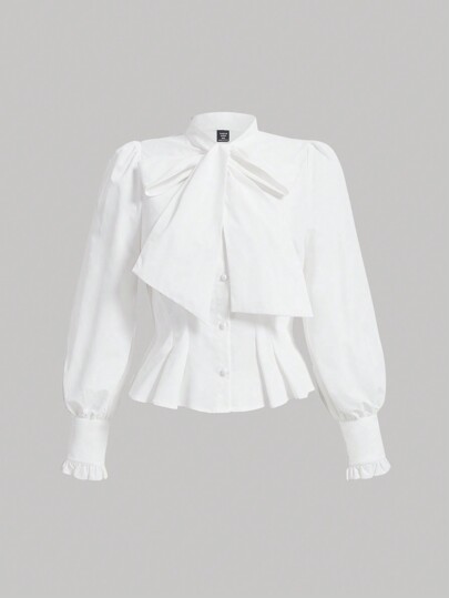 SHEIN MOD Plus Size Tie Neck Cinching Waist Collared Shirt