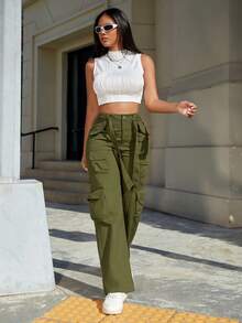 Y2K街頭復古高腰腰帶蓋式多口袋嘻哈直筒貨櫃褲 - 軍綠色 - 查看 5