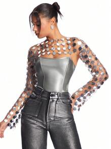 SHEIN BAE Women's Solid Color Metallic Gorgeous Music Festival Club Party Date Night Sparkly Sequin Cover-Up Top