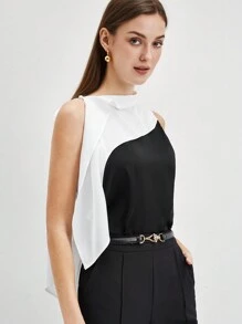 BizChic Women's Sleeveless Color-Blocking Asymmetrical Hem Blouse - Black and White - View 8