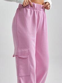 EURMUSE Flap Pocket Side Solid Sweatpants - Coral Pink - View 6