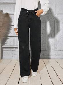 SHEIN LUNE Turn-Over Straight-Leg Denim Trousers - Black - View 3