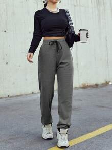 SHEIN Cottnline Drawstring Waist Solid Sweatpants - Grey - View 5