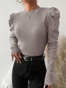 RueChic Gigot Sleeve Ribbed Knit Tee - Maroon - View 4