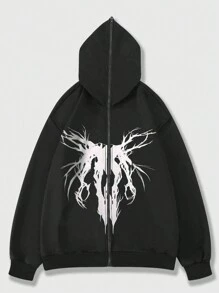 ROMWE MEN Goth 男士抽象印花拉鍊連帽毛衣 - 黑色 - 查看 1