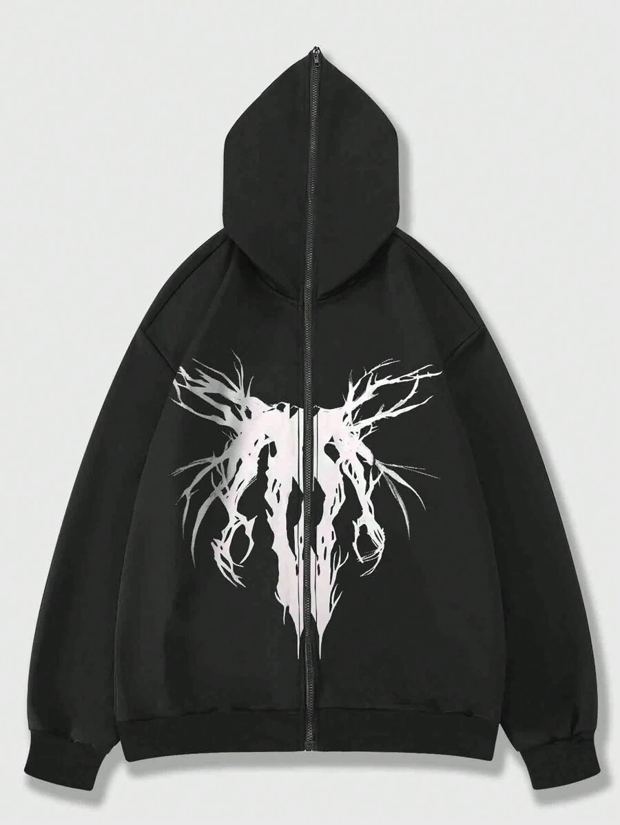 ROMWE MEN Goth 男士抽象印花拉鍊連帽毛衣 - 黑色 - 查看 1