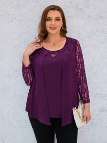 EMERY ROSE 大尺碼蕾絲長袖不對稱下擺襯衫