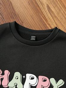 SHEIN LUNE Plus Size Sweatshirt With Slogan Print And Round Neckline - Black - View 5