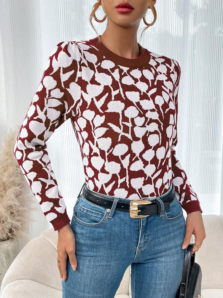 SHEIN LUNE 女款印花圓領毛衣 - 酒紅色 - 查看 1