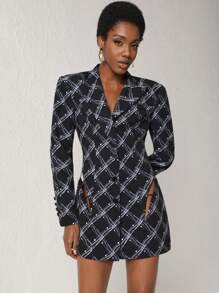 XIAOWU ZHENG 设计师商务休闲格纹印花翻领单排扣西装外套，适合假日、度假、外出、春季、节日、伊比沙岛风、办公室