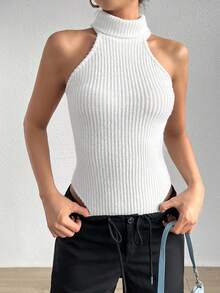 SHEIN EZwear Women'S Solid Color High Neck Sleeveless Bodysuit - White - View 4