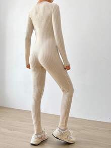 SHEIN EZwear 女性家居保暖連身衣,緊身款式 - 杏色 - 查看 2