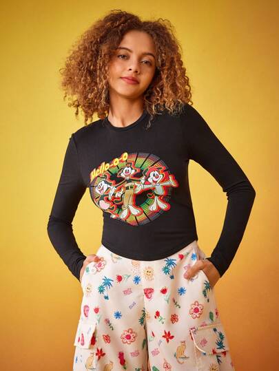 ANIMANIACS X SHEIN Cartoon Print Crew Neck Crop Top
