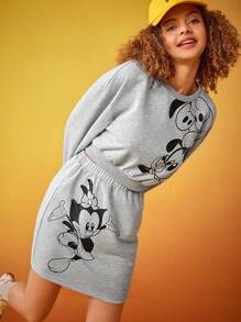 ANIMANIACS X SHEIN Casual Cartoon Print Drop Shoulder Sweatshirt And Skirt Set - Light Grey - View 7