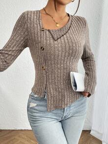 SHEIN Essnce Women's Asymmetrical Neckline Button Decorated Distressed Ribbed T-Shirt - Coffee Brown - View 4