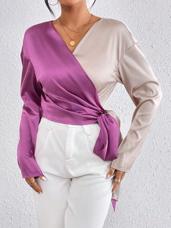 SHEIN Privé Women's Surplice Tie Waist Color Block Satin Long Sleeve Shirt