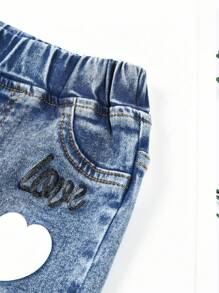 Baby Girls' Heart & Letter Pattern Washed Jeans