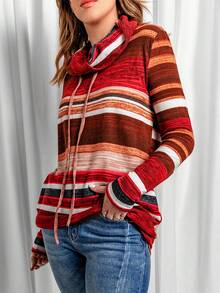 Women's Striped Hooded Sweatshirt Long Sleeved Casual Pullover Hoodie Multi-Colored Striped Pocket Top - Burgundy - View 4