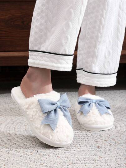 Fall/Winter Bow Knot Slippers For Women, Plush Fur Indoor Soft Sole Floor Slides, Warm Couple House Shoes With Anti-Slip,Christmas Outfits,Fluffy Slippers