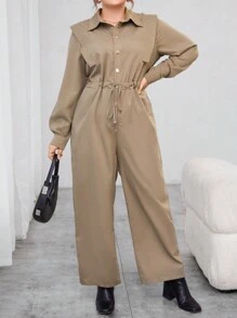 SHEIN Essnce Women'S Plus Size Drawstring Waist Shirt Jumpsuit - Khaki - View 4