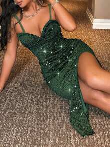 RueChic Women's High Slit Shiny Strapless Dress - Green - View 4