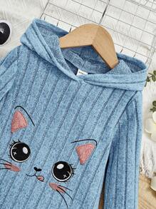 SHEIN Young Girl Cartoon Embroidered Hooded Pullover Long Sleeve Loose Casual Dress - Teal Blue - View 3