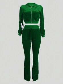 Women's Casual Solid Long Sleeve Cropped Zipper Sweatshirt And Skinny Flared Pants Sports Set, Fall/Winter - Dark Green - View 4