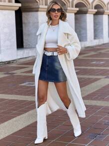 RueChic Abrigo tipo teddy con cuello vuelto y hombros caídos, abrigos sueltos de mujer lisos y blancos de uso casual para finales de otoño, para uso diario casual