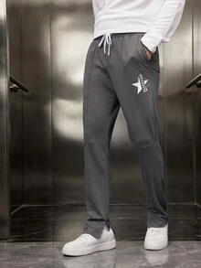 SWAVVY 1pc Men'S Drawstring Waist Knitted Casual Pants With Star And Letter Print - Grey - View 5