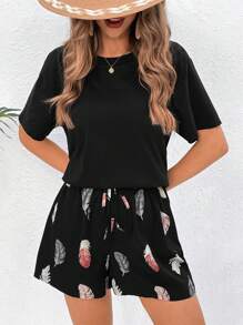 SHEIN VCAY Feather Pattern Vacation Casual Two-Piece Set