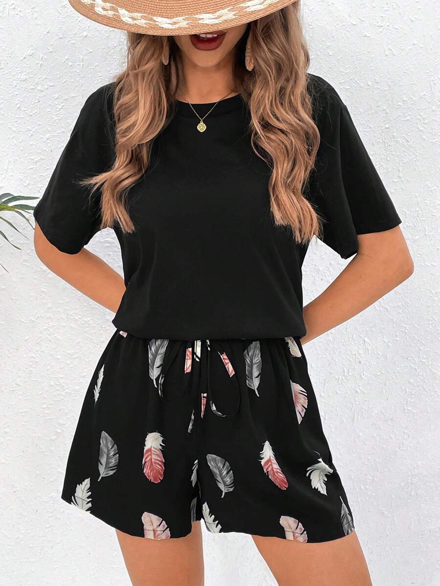 SHEIN VCAY Feather Pattern Vacation Casual Two-Piece Set