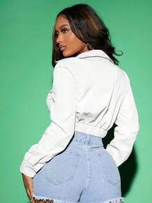 SHEIN SXY Women's White Twist-Front Solid Color Long Sleeve Cropped Shirt - White - View 2