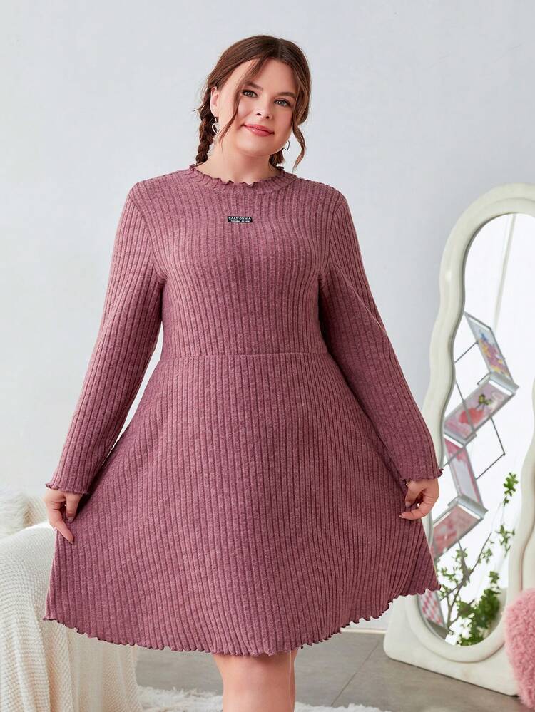 Plus Size Printed Text Check Pattern Long Sleeve Dress