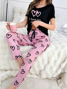 女士心形和標語印花家居服套裝 - 黑色 - 查看 3