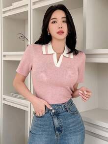 DAZY 鬆緊條紋立領短袖針織上衣 - 粉色 - 查看 3