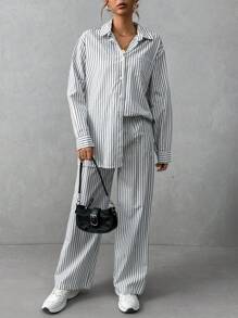SHEIN Essnce 條紋落肩休閒襯衫和褲子2件套裝 - 黑與白 - 查看 3