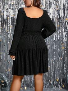 SHEIN LUNE Plus Knot Front Lantern Sleeve Ruffle Hem Glitter Dress - Black - View 2
