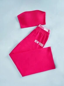 SHEIN EZwear Ladies' Solid Color Tube Top And Letter Print Pants Two Piece Set - Hot Pink - View 3