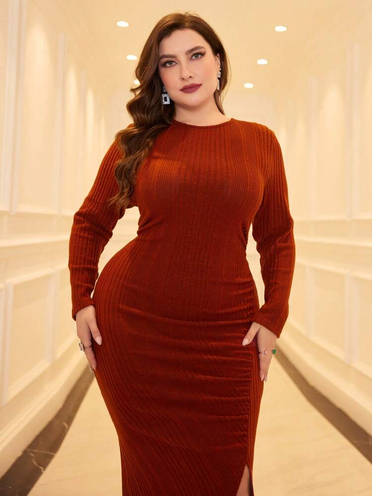 Plus Size Women'S Side Slit Slim Fit Bodycon Ruched Dress