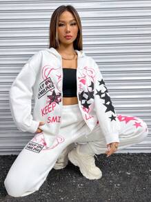 SHEIN Unity Hình sao & khẩu hiệu Thả vai Áo hoodie ngắn & Quần nỉ - trắng - Xem 3