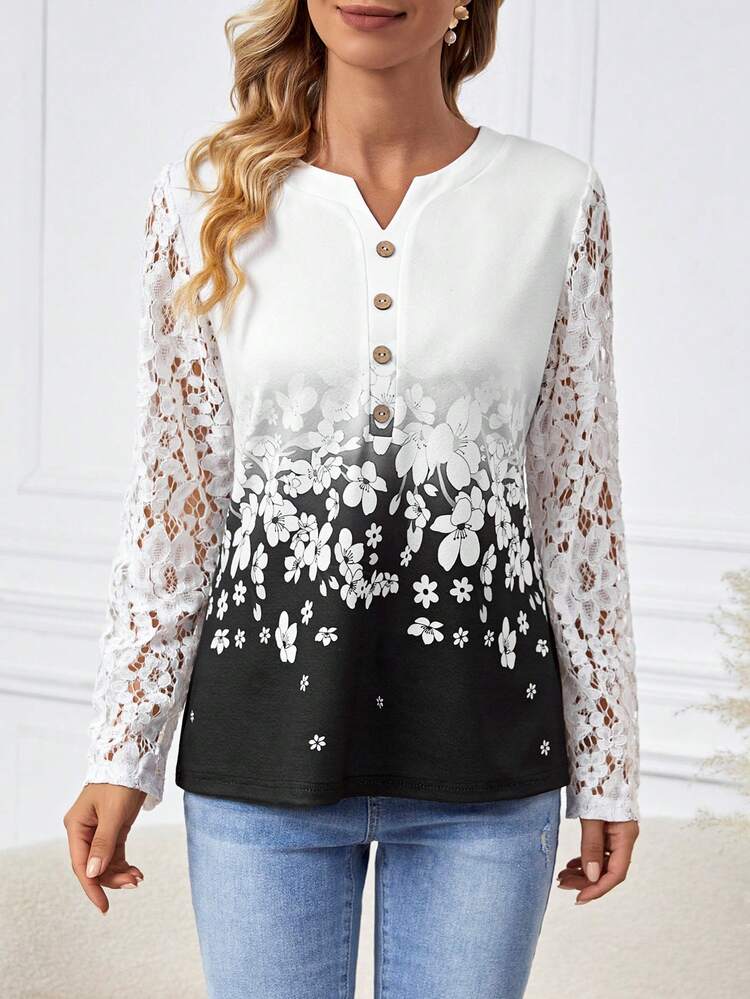 Floral Pattern Lace Panel Sleeves Shirt