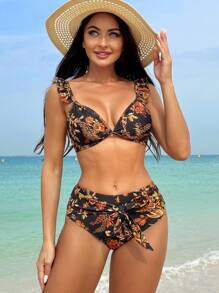 SHEIN Swim 女性印花雙件式比基尼套裝，嘉年華風格 - 彩色 - 查看 8