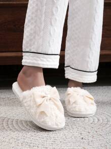 Dép trang trí nơ cho nữ, dép đi trong nhà mềm mại ấm áp, dép đi trong nhà lót nhung chống trượt, thích hợp cho mùa đông, giày lông - trắng - Xem 7