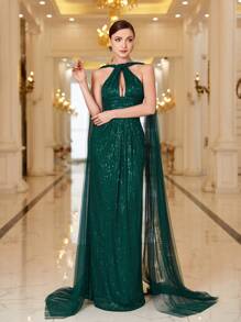 露背空心露背混搭透紗和亮片晚禮服 - 墨綠色 - 查看 6