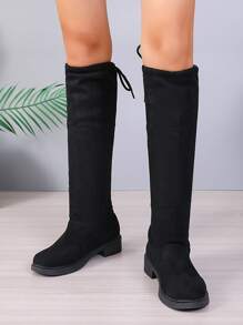 优雅高筒靴，新款春秋圆头高筒靴，粗腿显瘦中筒靴，平底不过膝 - 黑色 - 查看 1