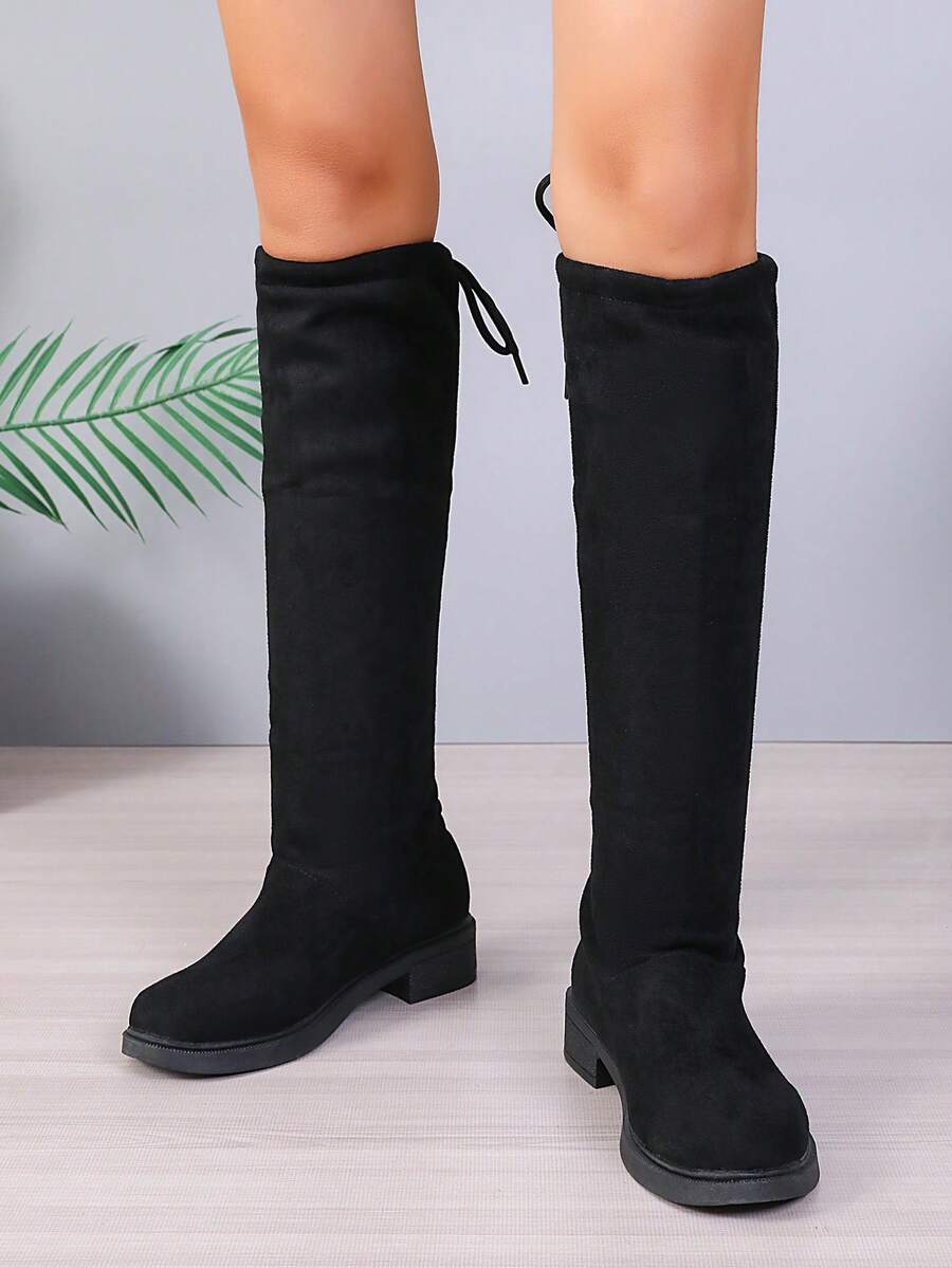 优雅高筒靴，新款春秋圆头高筒靴，粗腿显瘦中筒靴，平底不过膝 - 黑色 - 查看 1