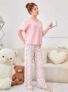 SHEIN 青少女實色針織v領t卹和花卉褲子家居服 - 粉色 - 查看 7