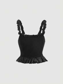 SHEIN MOD 荷葉邊裝飾腰部束腰夏季背心 - 黑色 - 查看 1