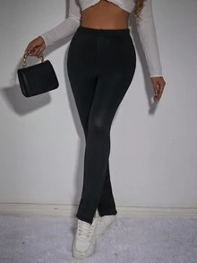 SHEIN Essnce High Waisted Leggings With Side Slit - Black - View 4